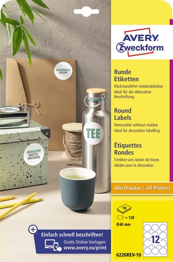 [TIM-P622610] Etiket Avery afneembaar rond 12 etiket/ Ø 60mm wit (120)