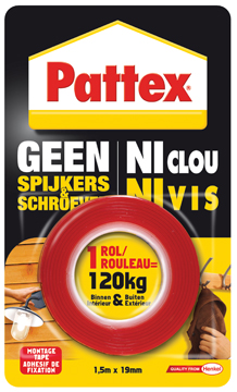 [TIM-1466652] Dubbelzijdige montagetape Pattex 19mmx1,5m tot 120kg