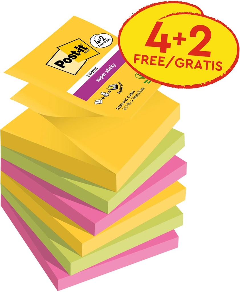 Z-notes Post-It Super Sticky Carnival 76x76mm 90vel 4+2 gratis assorti (6)