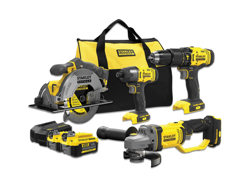 [TIM-469M2QW] Gereedschapsset Stanley Fatmax schroefklopboor, slagschroevendraaier, cirkerlzaag, haakse slijper 18V + 2 Accu's + softbag