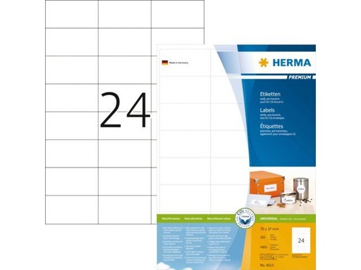 [HER-4615] Etiketten Herma 24 etik/bl A4 70x37mm wit (4800) 