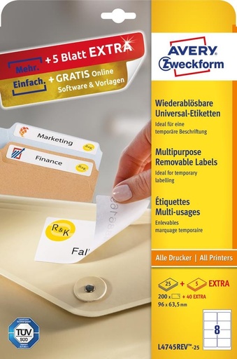 [AVE-L4745REV] Etiketten Avery afneembaar 08 etik/bl 96x63,5mm wit (25)