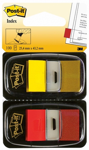 [OUT-680RY2] Index Post-It Standaard 25,4x43,2mm 50tabs per kleur rood en geel blister (2)