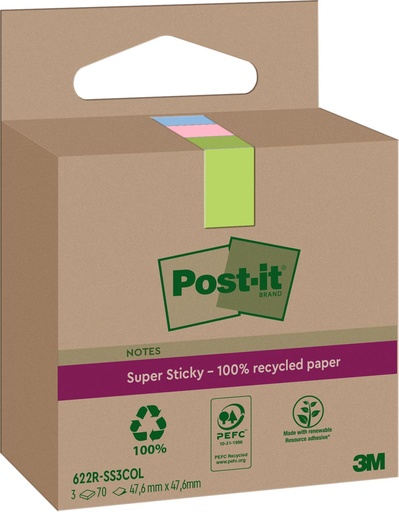[TIM-6223AS] Memoblok Post-It Super Sticky Notes Recycled 47,6x47,6mm 70vel assorti (3)