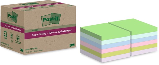 [TIM-65412AS] Memoblok Post-It Super Sticky Notes Recycled 76x76mm 70vel assorti (12)