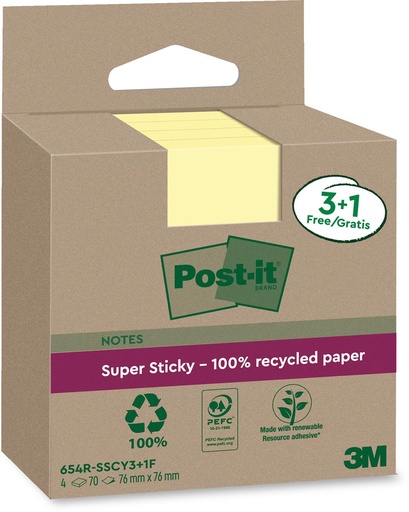 [TIM-654Y31F] Memoblok Post-It Super Sticky Notes Recycled 76x76mm 70vel geel 3+1gratis (4)