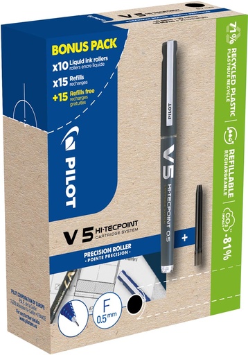 [TIM-556237] Roller Hi-Tecpoint Pilot V5 10 rollers + 30 vullingen fijne punt 0,5mm zwart 