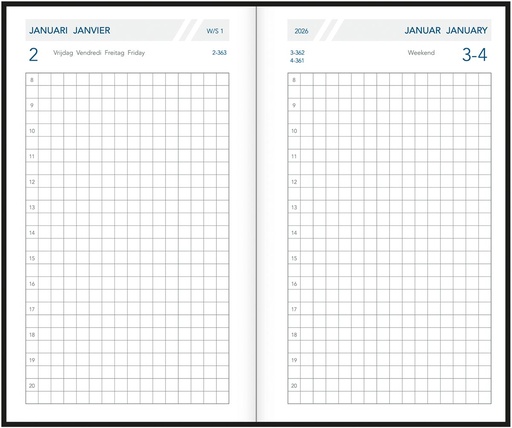[AGE-A1014AS] Zakagenda Aurora Technica 10 Seta 105x165mm viertalig assorti 2027 1 dag/pagina