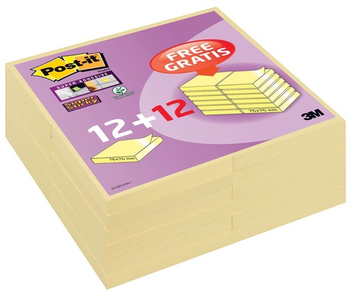 [TIM-654CY24] Memoblok Post-It Super Sticky Notes 76x76mm 90vel promopak geel 12+12 gratis geel (24)