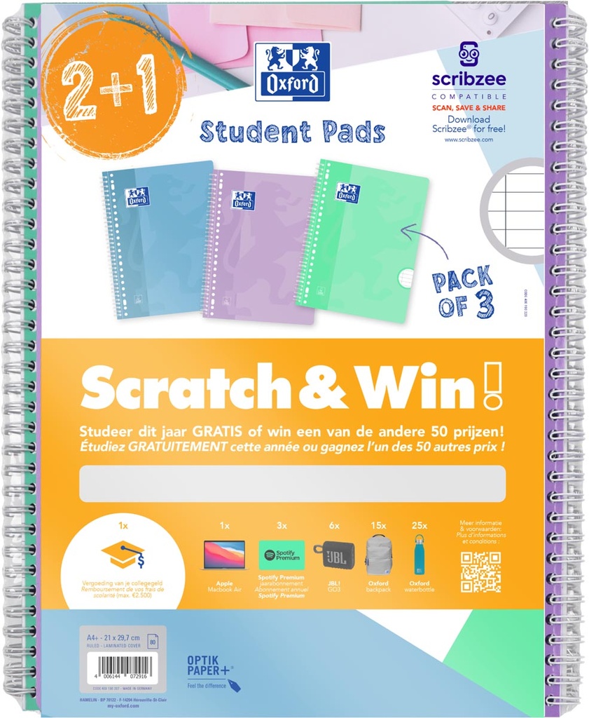 Collegeblok Oxford School A4+ gelijnd 23-gaats 80vel pastel assorti ACTIE Scratch&Win en 2+1gratis 