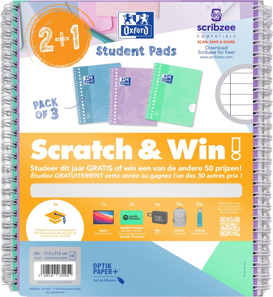 Collegeblok Oxford School A5+ gelijnd 17-gaats 80vel pastel assorti ACTIE Scratch&Win en 2+1gratis 