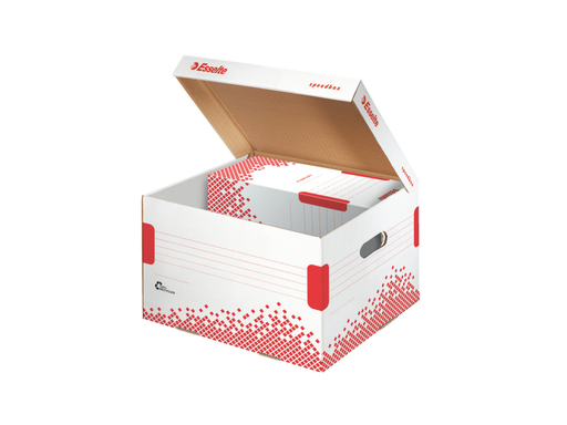 [ESS-623912] Archiefcontainer Esselte Speedbox karton 367x263x325mm met klepdeksel wit/rood