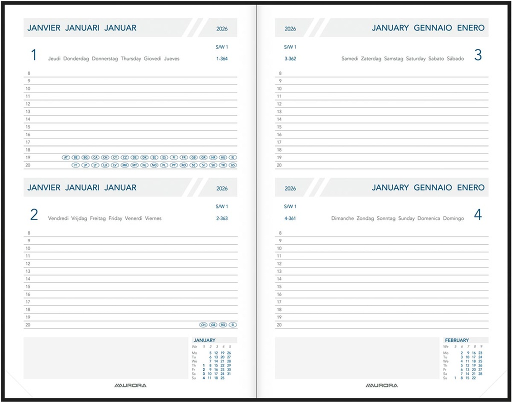 Agenda Aurora Folio FA111 Balacron 140x210mm zestalig zwart 2026 2 dagen/pagina