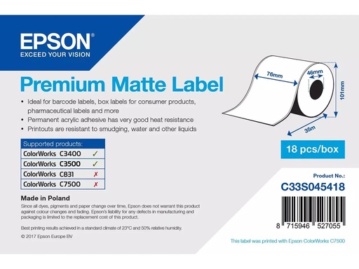 [ETI-C33S045418] Etiketten op rol Epson C33S045418 76mm 33meter wit mat permanent