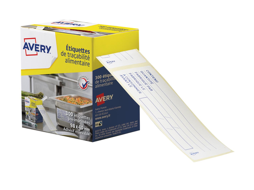 [TIM-ETIHACF] Etiketten voedselcodering Avery 98x40mm afscheurbaar in dispenser Franstalig (300)