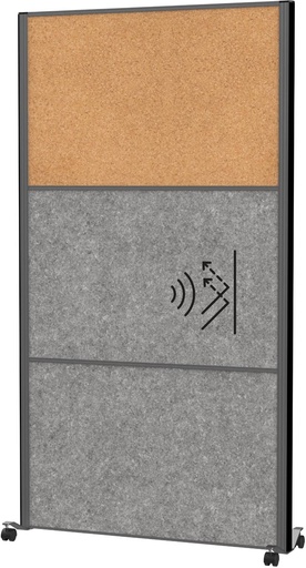 [TIM-9605189] Akoestische scheidingswand MAULconnecto 180x100cm 2 panelen donkergrijs en 1 paneel kurk en frame antraciet met wielen mobiel