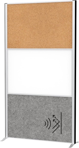 [TIM-9651095] Akoestische scheidingswand MAULconnecto 180x100cm 1 paneel donkergrijs en 1 paneel whiteboard 1 paneel kurk en frame zilver met voet