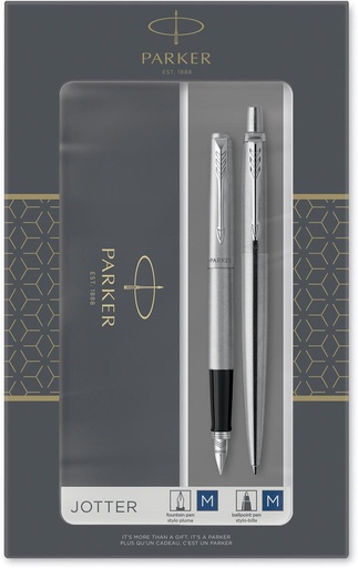 [TIM-2093258] Giftbox Parker Jotter Duo vulpen en balpen blauwe inkt medium punt zilver
