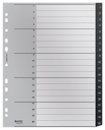 [ESS-12110000] Tabbladen Leitz Recycle index PP A4+ 1-20 zwart
