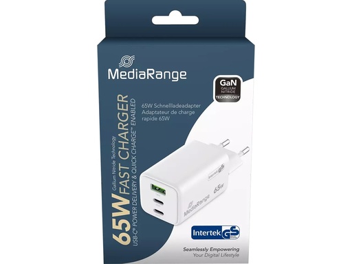 [ITA-MRMA116-2] Voedingsoplader MediaRange 65W 1xUSB-A en 2xUSB-C wit