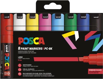 [TIM-PC8M8B] Paintmarker Uni Posca PC-8K beitelpunt 8mm assorti basiskleuren (8)