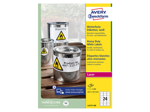 [TIM-L477310] Etiketten Avery 24 etik/bl 63,5x33,9mm waterbestendig wit 100bl/d (2400)
