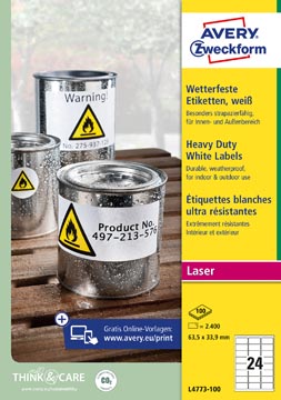 [TIM-L477310] Etiketten Avery 24 etik/bl 63,5x33,9mm waterbestendig wit 100bl/d (2400)