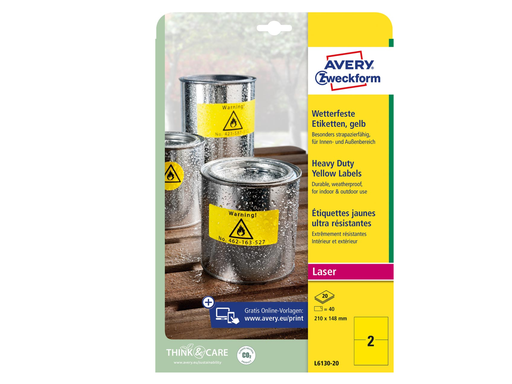 [TIM-L613020] Etiketten Avery 02 etik/bl 210x148mm waterbestendig geel 20bl/d (40)