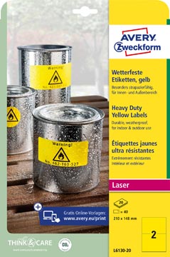 [TIM-L613020] Etiketten Avery 02 etik/bl 210x148mm waterbestendig geel 20bl/d (40)