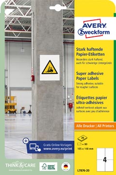 [TIM-L787620] Etiketten Avery 04 etik/bl 105x148mm sterk klevend wit 20bl/d (80)