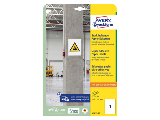 [TIM-L787720] Etiketten Avery 01 etik/bl 210x297mm sterk klevend wit 20bl/d 