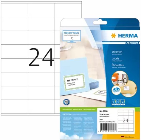 [HER-8638] Etiketten Herma 24 etik/bl A4 70x36mm wit (10)