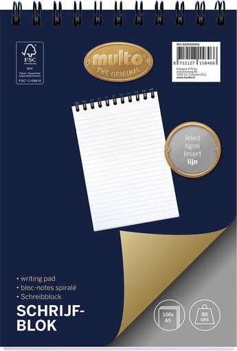 [TIM-601200] Kopspiraalblok Multo ft A5 gelijnd 100vel