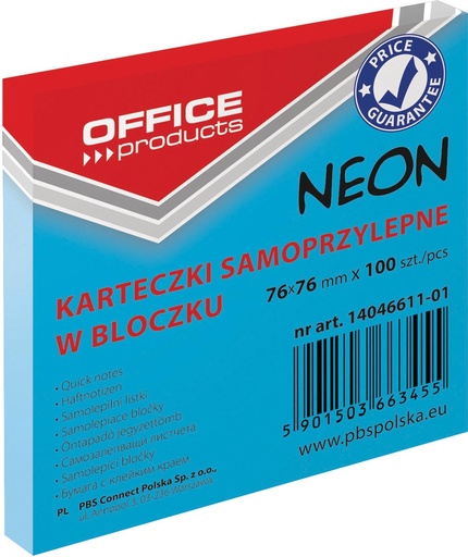 [TIM-4661101]  Memoblok Neon OFFICE products ft 76 x 76 mm 100 vel neonblauw