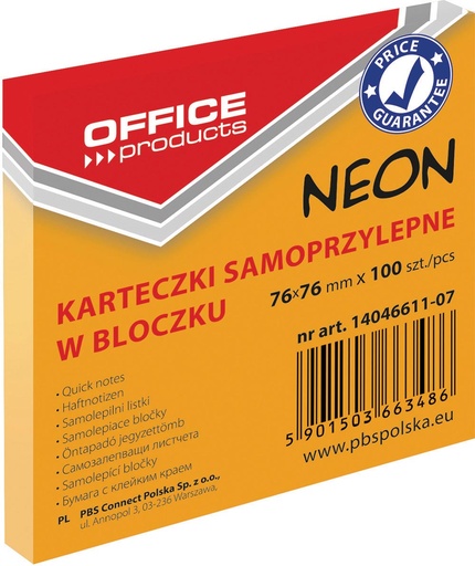 [TIM-4661107]  Memoblok Neon OFFICE products ft 76 x 76 mm 100 vel neonoranje