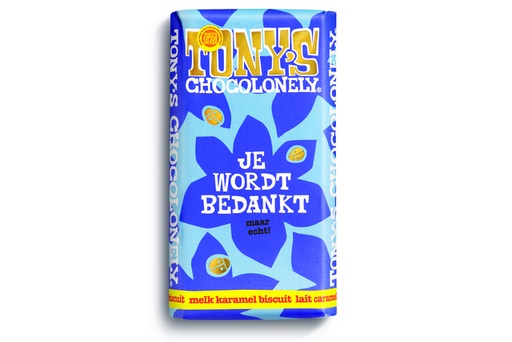 [QUA-BNXBGTMCB180] Chocolade Tony's Chocolonely je wordt bedankt reep melk karamel biscuit 180gr