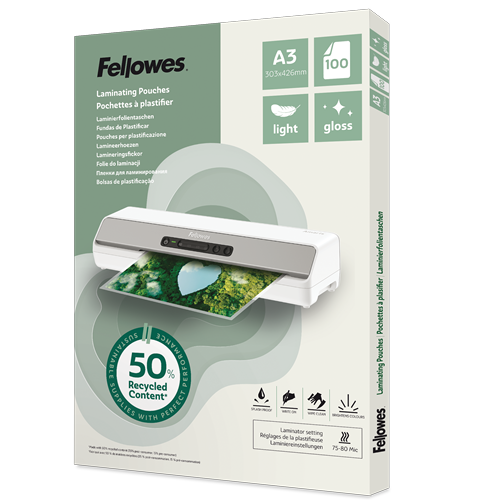 [FEL-100142988] Lamineerhoezen Fellowes 50% gerecycled materiaal - Light A3 Glanzend (100)
