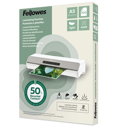 [FEL-100143437] Lamineerhoezen Fellowes 50% gerecycled materiaal - Light A5 mat (100) 