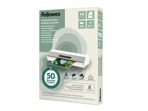 [FEL-100143441] Lamineerhoezen Fellowes 50% gerecycled materiaal - Light A6 Glanzend (100) 
