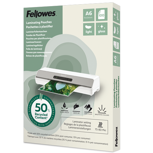 [FEL-100143441] Lamineerhoezen Fellowes 50% gerecycled materiaal - Light A6 Glanzend (100) 