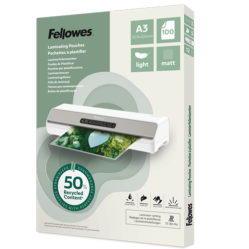 [FEL-100143435] Lamineerhoezen Fellowes 50% gerecycled materiaal - Light A4 mat (100)  