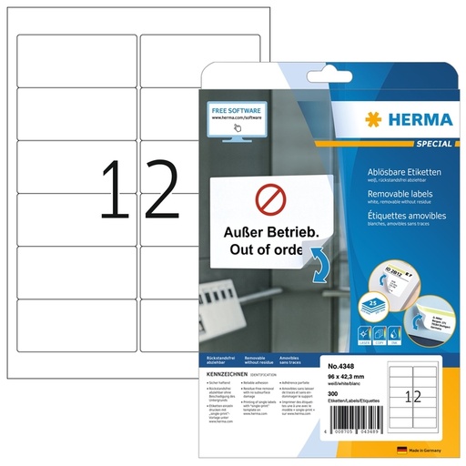 [HER-4348] Etiketten Herma 12 etik/bl 96x42.3mm wit afneembaar (25) 