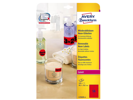 [AVE-L7263R25] Etiketten Avery Removable 14 etik/bl 99,1x38,1mm voor laser rood (25)