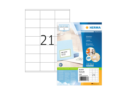 [HER-4473] Etiketten Herma 21 etik/bl A4 70x41mm wit (100) 