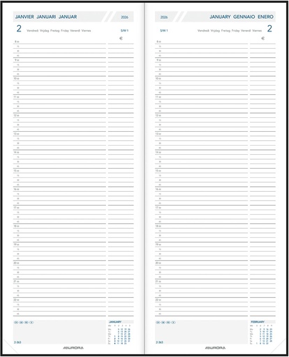 [AGE-LA411Z] Agenda Aurora Longo LA411 Linnen 140x340mm zestalig zwart 2026 1 dag/2 pagina's