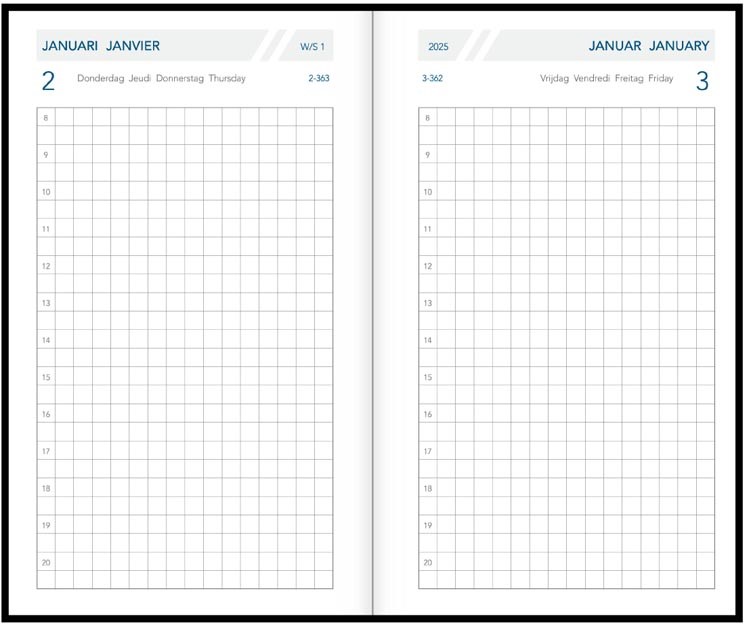 Zakagenda Aurora Technica 10 Seta 105x165mm viertalig zwart 2025 1 dag/pagina