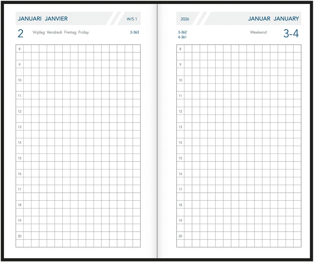 Zakagenda Aurora Technica 10 Seta 105x165mm viertalig zwart 2026 1 dag/pagina