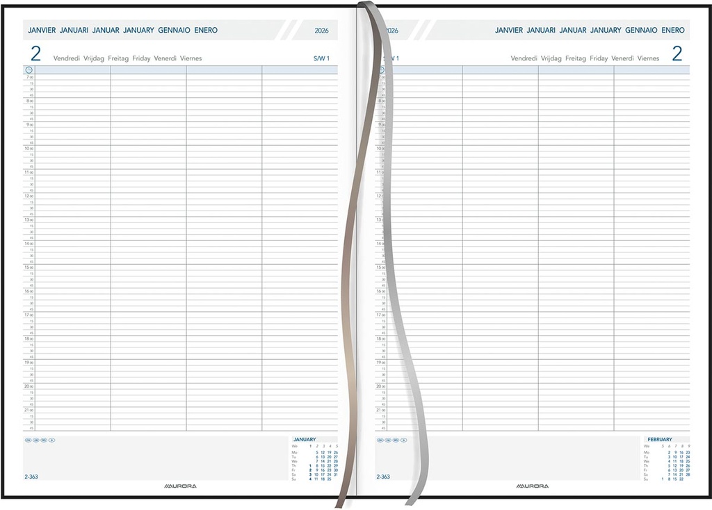 Agenda Aurora Concerto 40 Florence 215x295mm zestalig zwart 2026 1 dag/2 pagina's