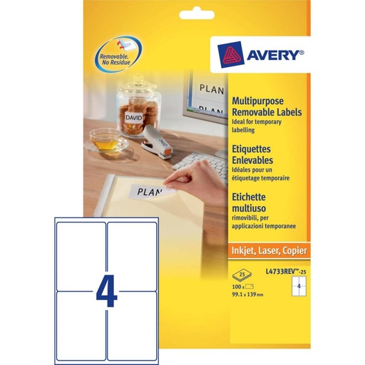 [AVE-L4733REV-25] Etiketten Avery Removable 04 etik/bl 99,1x139mm voor inkjet, copier en laser wit (25)