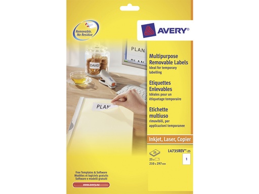 [AVE-L4735REV-25] Etiketten Avery Removable 01 etik/bl 210x297mm voor inkjet, copier en laser wit (25)
